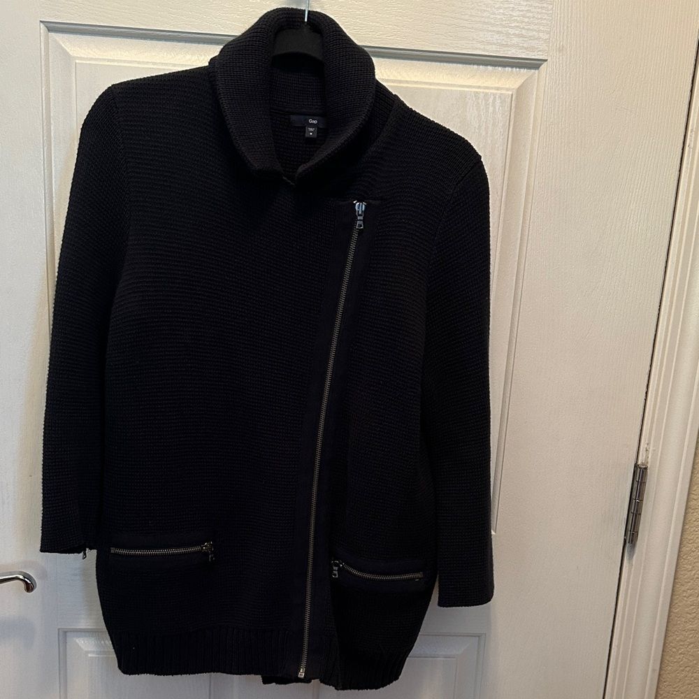 Gap 100% Cotton Navy Asymmetrical Zip Cardigan with Zippered Pockets Size M